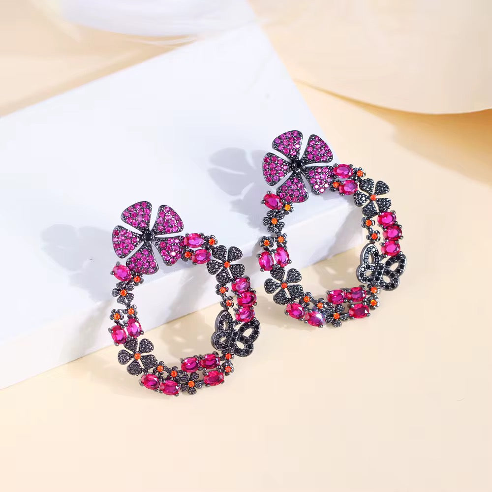 Gorgeous Hot Pink Red Cubic Zirconia Crystal Long Drop Flower Earrings - ShopSmart 