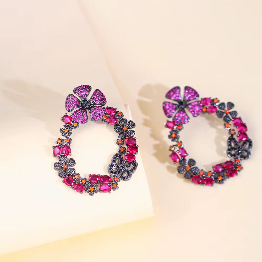 Gorgeous Hot Pink Red Cubic Zirconia Crystal Long Drop Flower Earrings - ShopSmart 