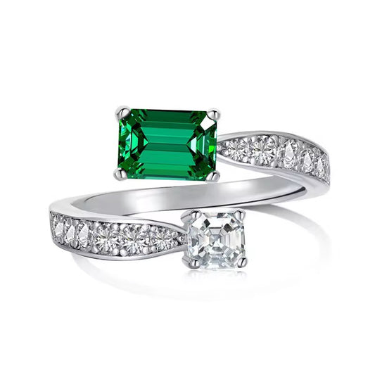 Adjustable 925 Sterling Silver Ring Featuring Green Emerald Cut Zircon & Cubic Zircon For Women and Men - ShopSmart 