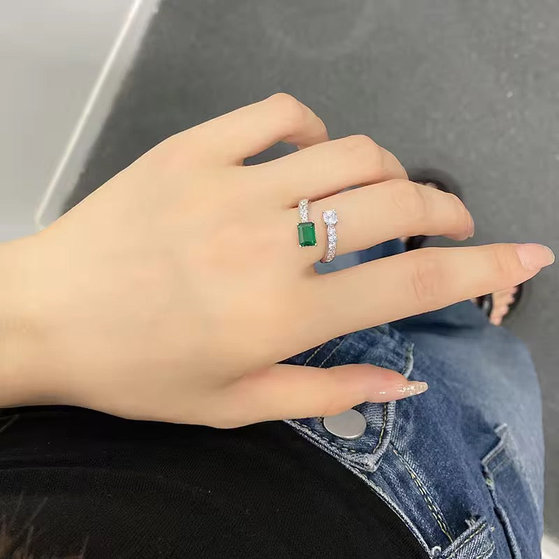 Adjustable 925 Sterling Silver Ring Featuring Green Emerald Cut Zircon & Cubic Zircon For Women and Men - ShopSmart 